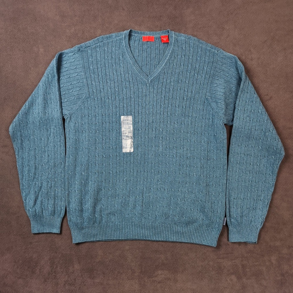 IZOD Cable Knit‎ Sweater Mens XL Blue Long Sleeve V Neck Cotton Piullover Preppy